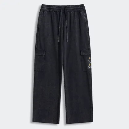 Tokyo-Tiger Minimal Splash Ink Cute Cat Washed Utility Sweatpants