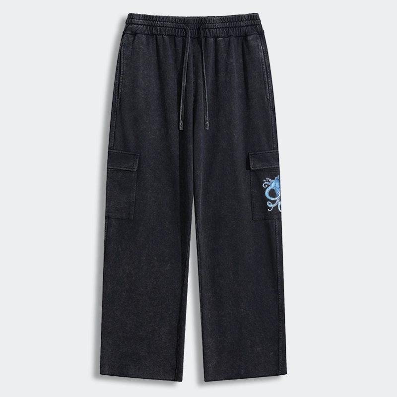 Tokyo-Tiger Watercolor Blue Octopus Washed Utility Sweatpants