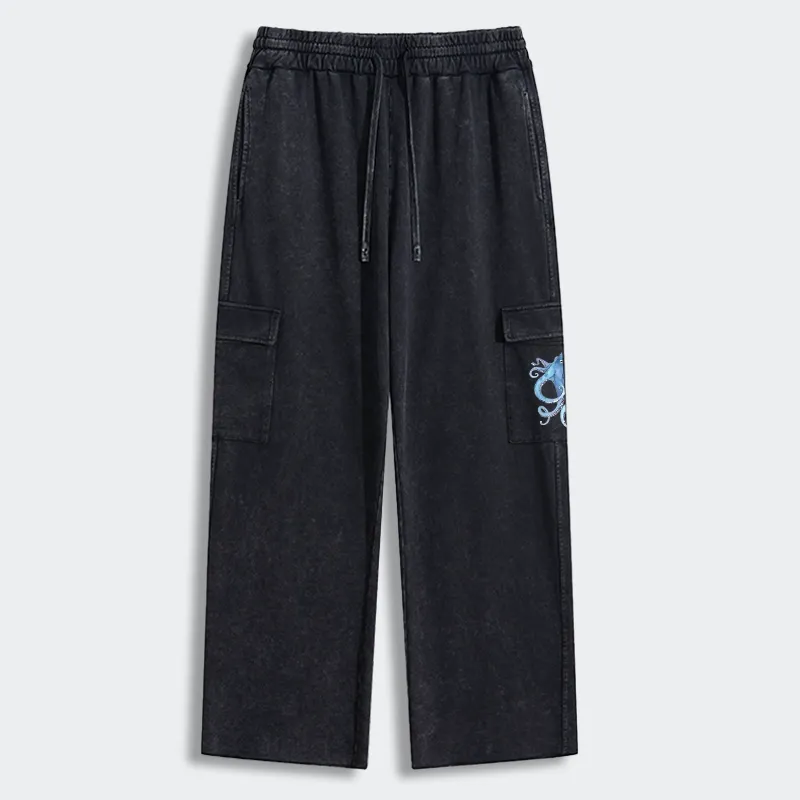 Tokyo-Tiger Watercolor Blue Octopus Washed Utility Sweatpants