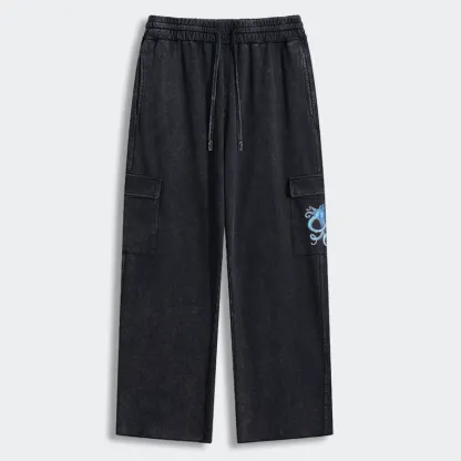 Tokyo-Tiger Watercolor Blue Octopus Washed Utility Sweatpants