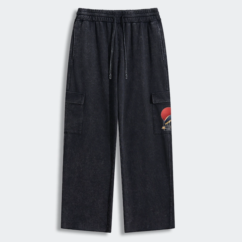 Tokyo-Tiger Geometric Crane Art Washed Utility Sweatpants