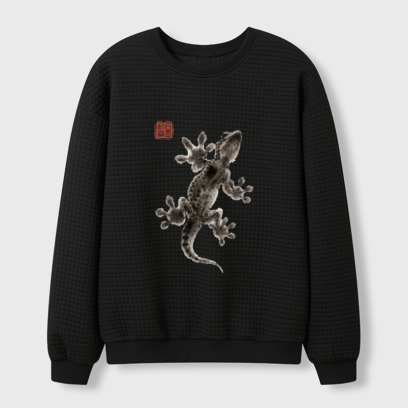 Tokyo-Tiger Minimal Asian Ink Brush Gecko Vibe Waffle Sweatshirt