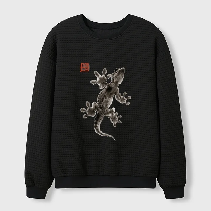 Tokyo-Tiger Minimal Asian Ink Brush Gecko Vibe Waffle Sweatshirt