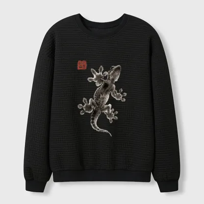 Tokyo-Tiger Minimal Asian Ink Brush Gecko Vibe Waffle Sweatshirt