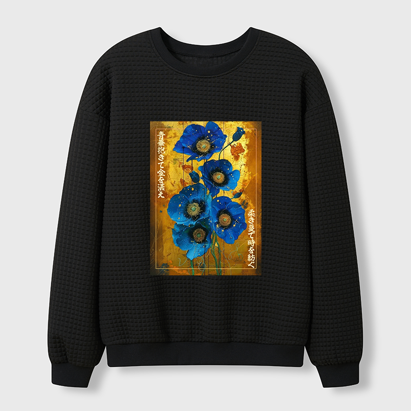 Tokyo-Tiger Shiny Blue Flower Warm Golden Background Waffle Sweatshirt