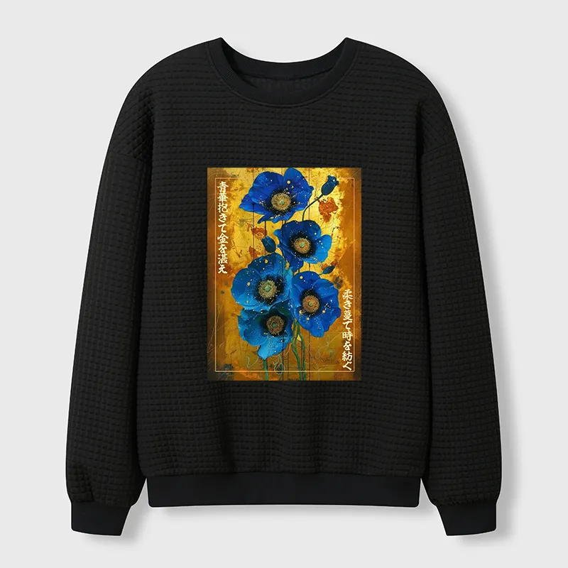 Tokyo-Tiger Shiny Blue Flower Warm Golden Background Waffle Sweatshirt Sale