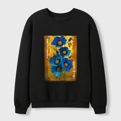 Tokyo-Tiger Shiny Blue Flower Warm Golden Background Waffle Sweatshirt
