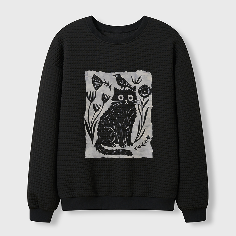 Tokyo-Tiger Folk Paper Cut Cat Bird Floral Art Waffle Sweatshirt
