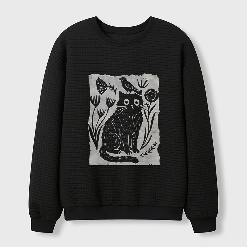 Tokyo-Tiger Folk Paper Cut Cat Bird Floral Art Waffle Sweatshirt Sale