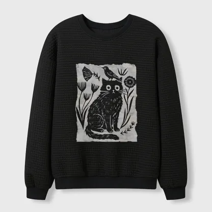 Tokyo-Tiger Folk Paper Cut Cat Bird Floral Art Waffle Sweatshirt