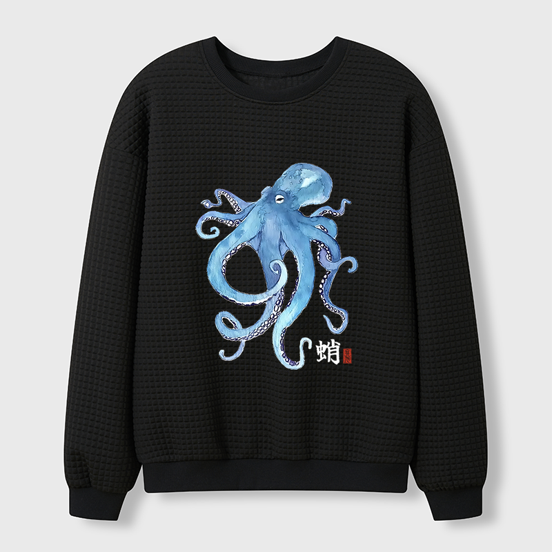 Tokyo-Tiger Watercolor Blue Octopus Waffle Sweatshirt