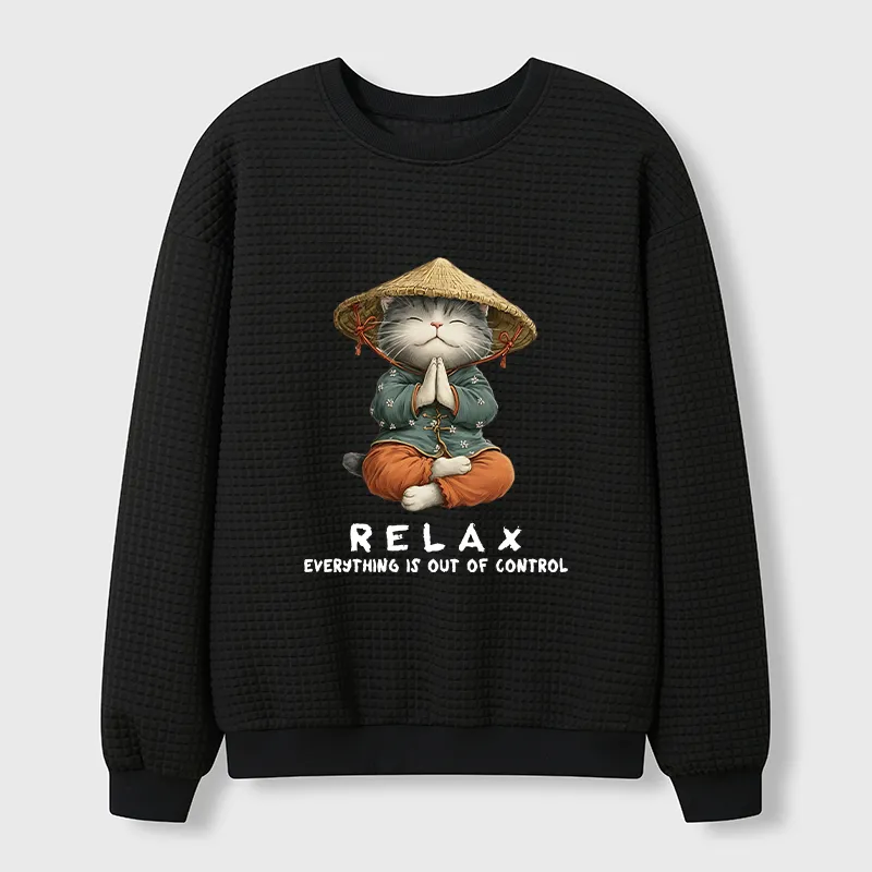 Tokyo-Tiger Zen Relax Cat Graphic Waffle Sweatshirt