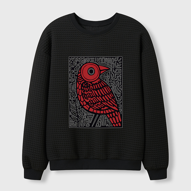 Tokyo-Tiger Retro Woodblock Bird Waffle Sweatshirt