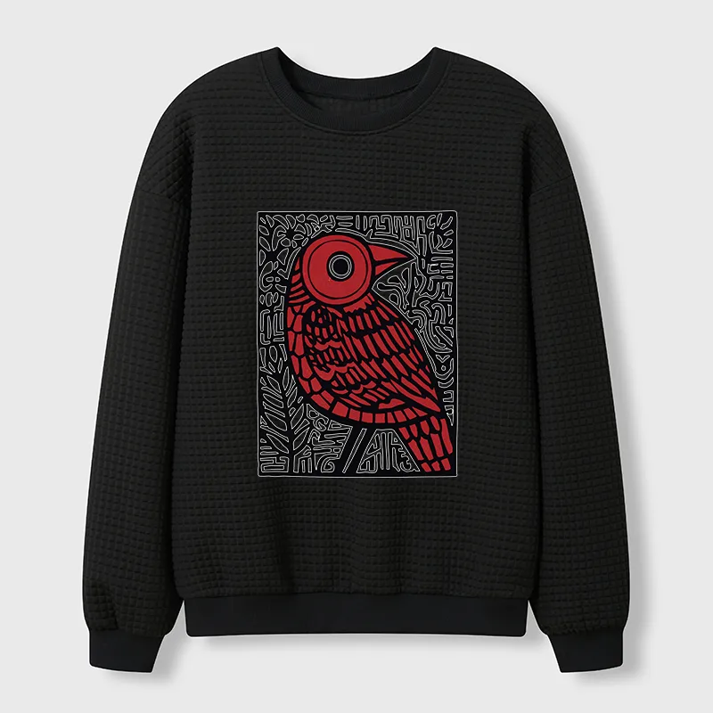 Tokyo-Tiger Retro Woodblock Bird Waffle Sweatshirt