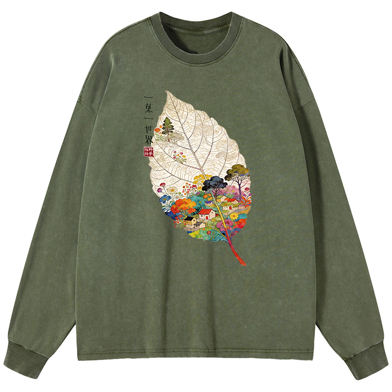 Tokyo-Tiger One Leaf Holds A Tiny Colorful World Washed Long Sleeve T-Shirt