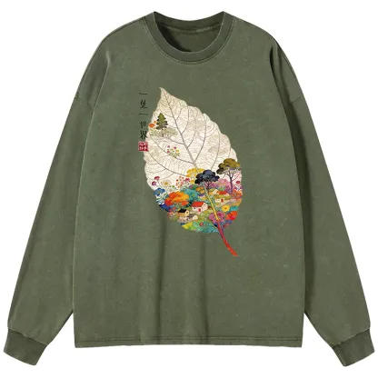 Tokyo-Tiger One Leaf Holds A Tiny Colorful World Washed Long Sleeve T-Shirt