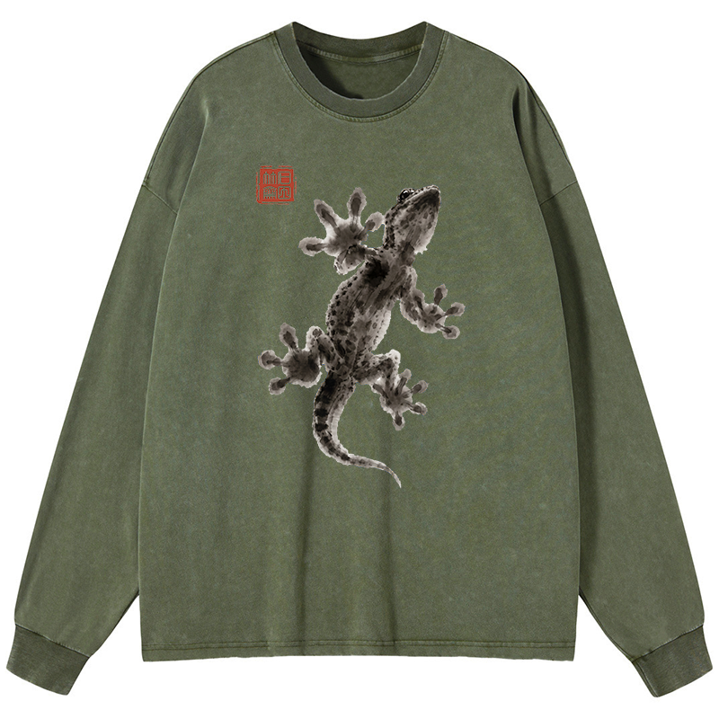 Tokyo-Tiger Minimal Asian Ink Brush Gecko Vibe Washed Long Sleeve T-Shirt