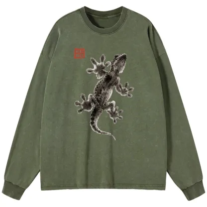 Tokyo-Tiger Minimal Asian Ink Brush Gecko Vibe Washed Long Sleeve T-Shirt