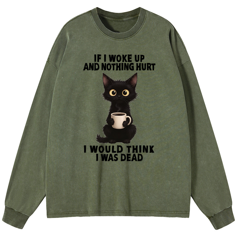 Tokyo-Tiger Funny Cute Black Cat And Coffee Meme Washed Long Sleeve T-Shirt