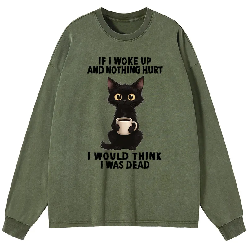 Tokyo-Tiger Funny Cute Black Cat And Coffee Meme Washed Long Sleeve T-Shirt