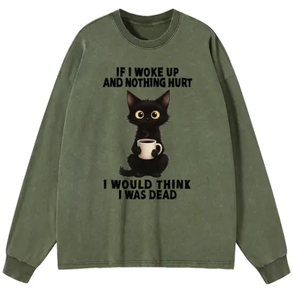 Tokyo-Tiger Funny Cute Black Cat And Coffee Meme Washed Long Sleeve T-Shirt