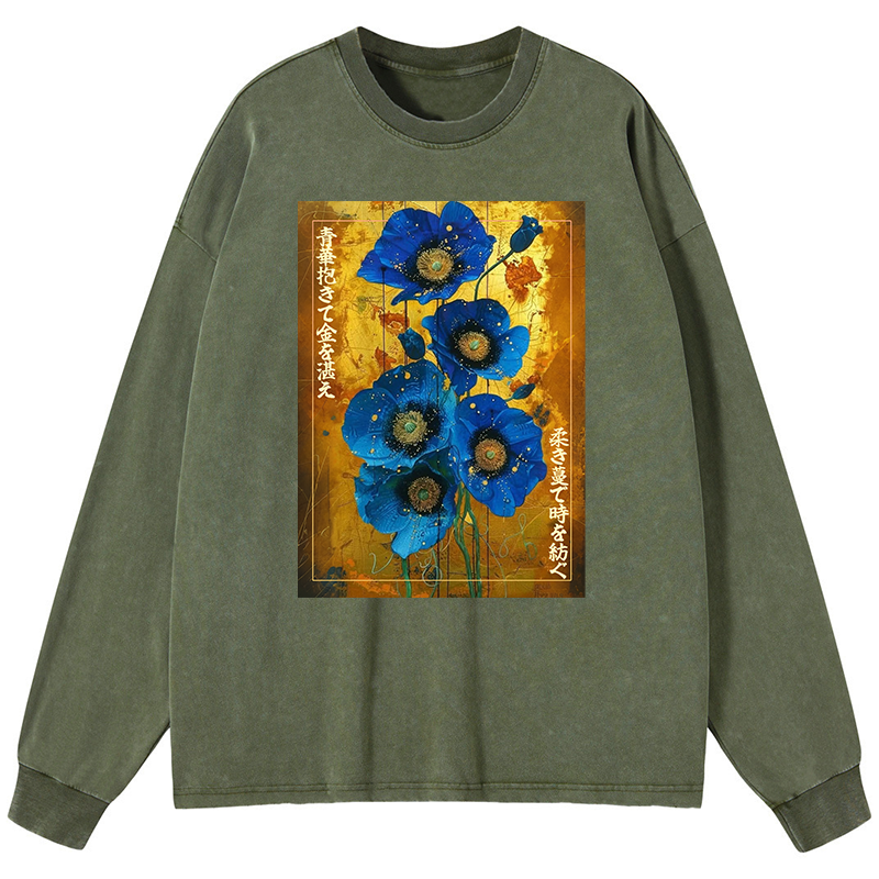 Tokyo-Tiger Shiny Blue Flower Warm Golden Background Washed Long Sleeve T-Shirt