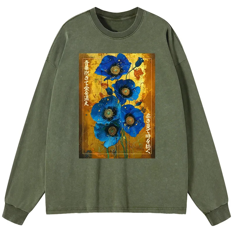 Tokyo-Tiger Shiny Blue Flower Warm Golden Background Washed Long Sleeve T-Shirt