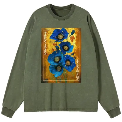 Tokyo-Tiger Shiny Blue Flower Warm Golden Background Washed Long Sleeve T-Shirt