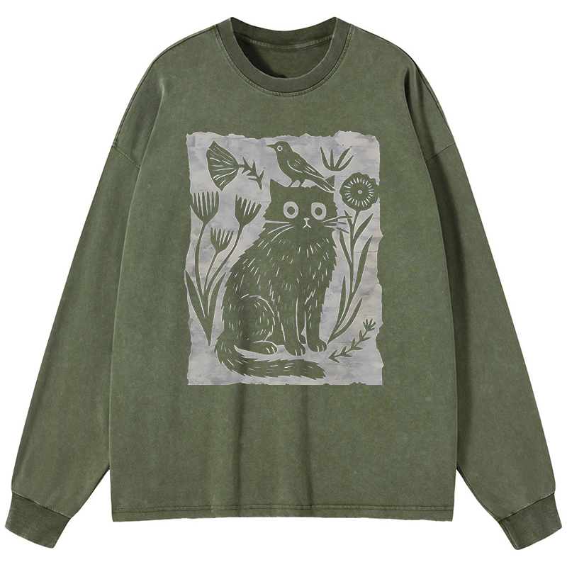Tokyo-Tiger Folk Paper Cut Cat Bird Floral Art Washed Long Sleeve T-Shirt