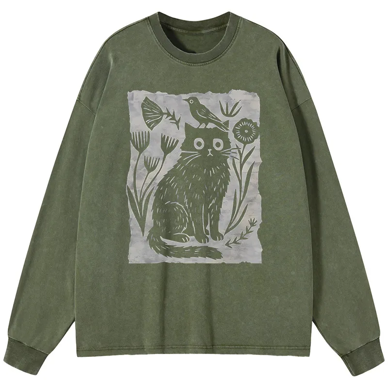 Tokyo-Tiger Folk Paper Cut Cat Bird Floral Art Washed Long Sleeve T-Shirt