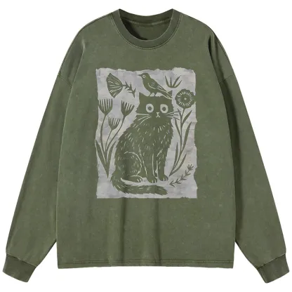 Tokyo-Tiger Folk Paper Cut Cat Bird Floral Art Washed Long Sleeve T-Shirt