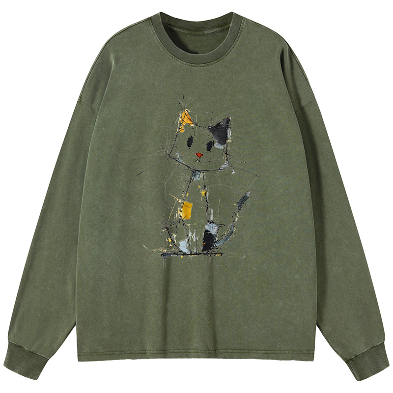 Tokyo-Tiger Minimal Splash Ink Cute Cat Washed Long Sleeve T-Shirt