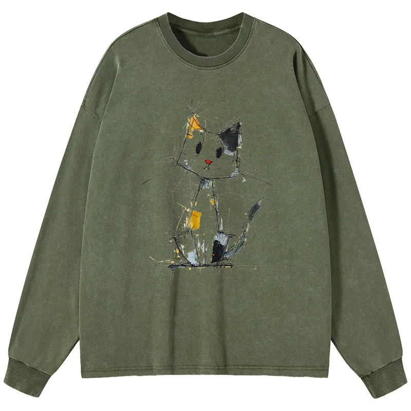 Tokyo-Tiger Minimal Splash Ink Cute Cat Washed Long Sleeve T-Shirt