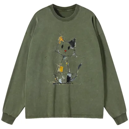 Tokyo-Tiger Minimal Splash Ink Cute Cat Washed Long Sleeve T-Shirt