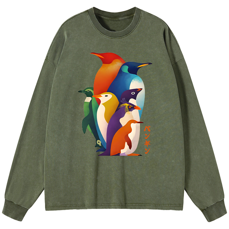 Tokyo-Tiger Cute Multi Tone Penguins Washed Long Sleeve T-Shirt
