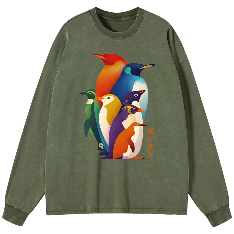Tokyo-Tiger Cute Multi Tone Penguins Washed Long Sleeve T-Shirt