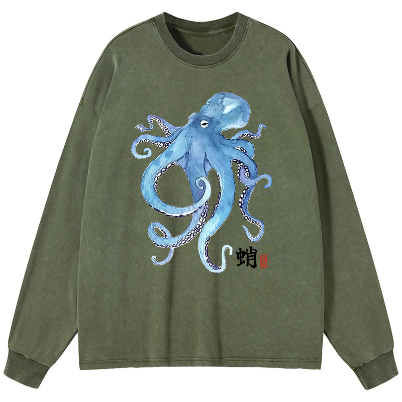 Tokyo-Tiger Watercolor Blue Octopus Washed Long Sleeve T-Shirt