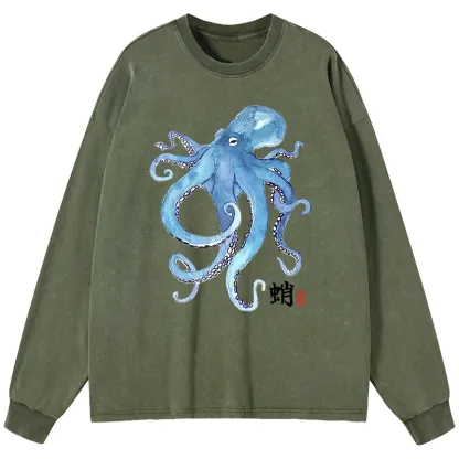 Tokyo-Tiger Watercolor Blue Octopus Washed Long Sleeve T-Shirt