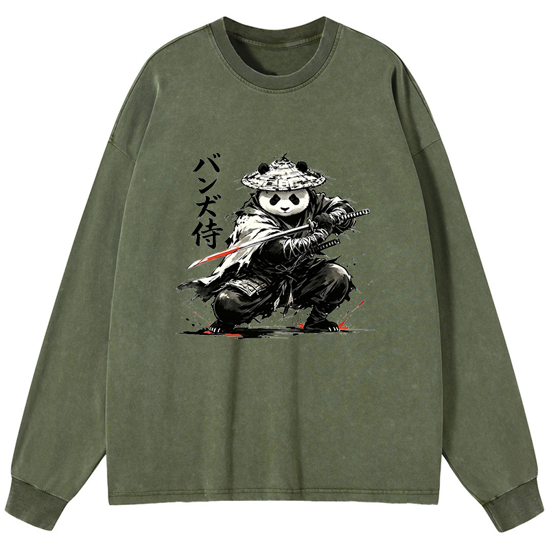 Tokyo-Tiger Panda Samurai Warrior Washed Long Sleeve T-Shirt