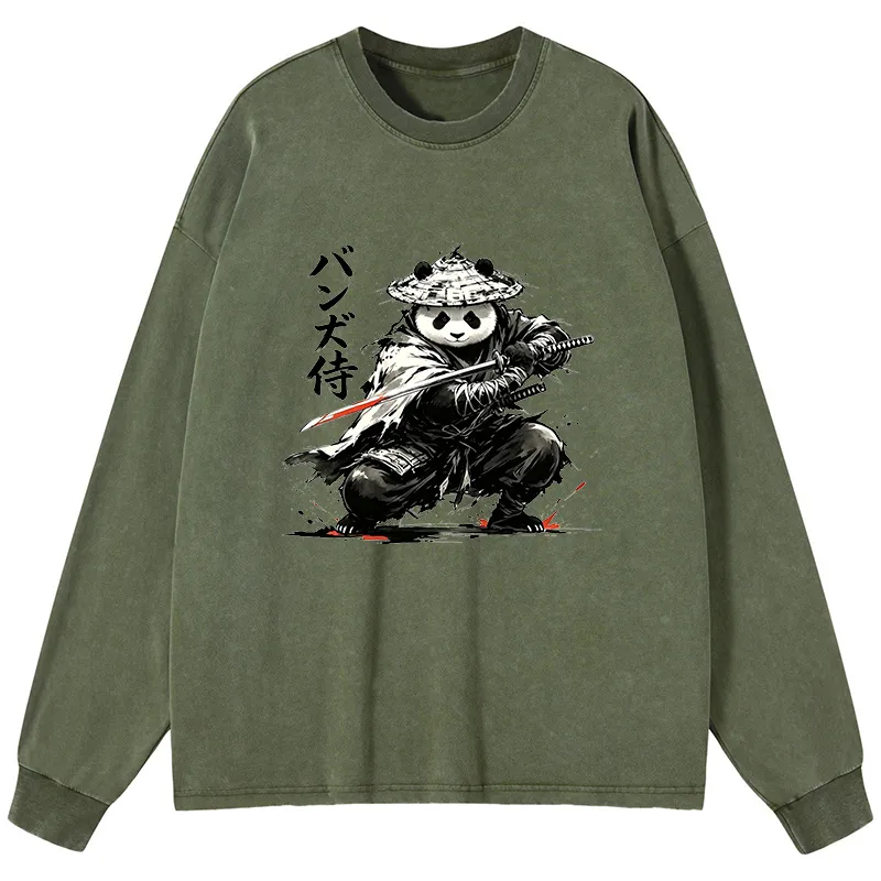 Tokyo-Tiger Panda Samurai Warrior Washed Long Sleeve T-Shirt