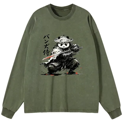 Tokyo-Tiger Panda Samurai Warrior Washed Long Sleeve T-Shirt