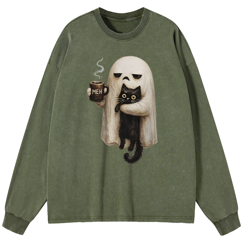 Tokyo-Tiger Ghost Cat Coffee Mood Washed Long Sleeve T-Shirt
