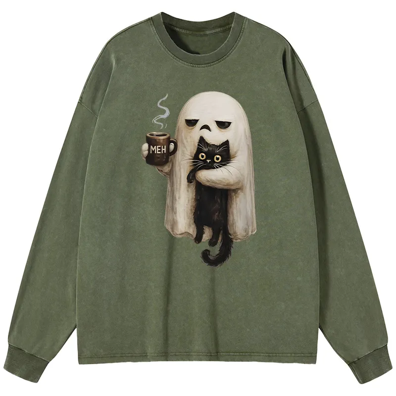 Tokyo-Tiger Ghost Cat Coffee Mood Washed Long Sleeve T-Shirt Sale