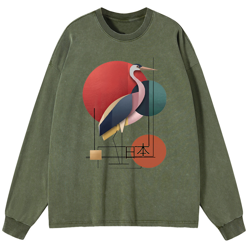 Tokyo-Tiger Geometric Crane Art Washed Long Sleeve T-Shirt