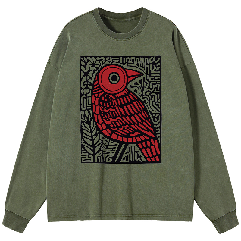 Tokyo-Tiger Retro Woodblock Bird Washed Long Sleeve T-Shirt
