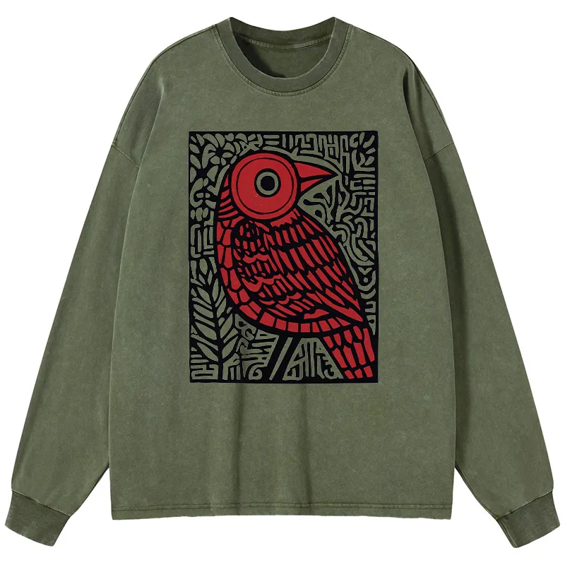 Tokyo-Tiger Retro Woodblock Bird Washed Long Sleeve T-Shirt Sale