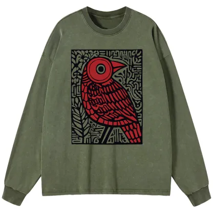 Tokyo-Tiger Retro Woodblock Bird Washed Long Sleeve T-Shirt