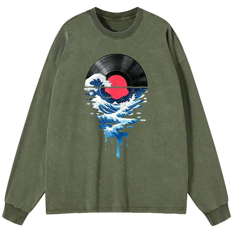 Tokyo-Tiger Vinyl Records And Waves Washed Long Sleeve T-Shirt