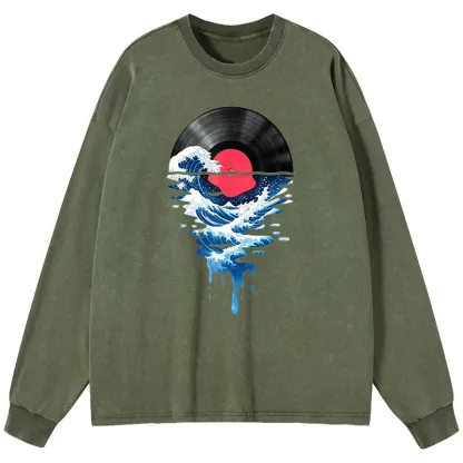 Tokyo-Tiger Vinyl Records And Waves Washed Long Sleeve T-Shirt