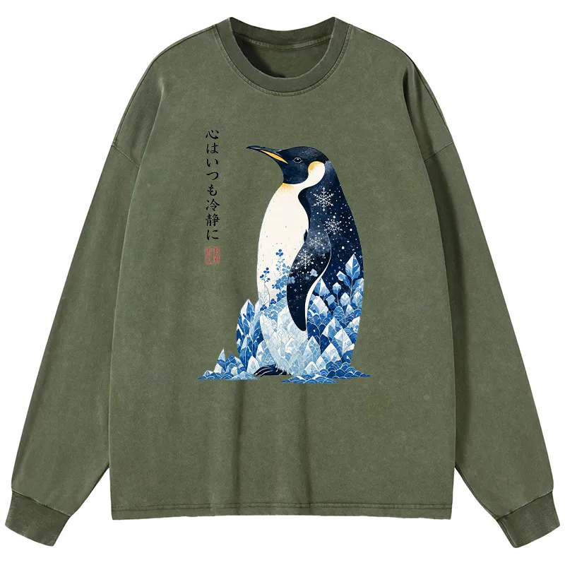 Tokyo-Tiger Keep Calm Penguin Washed Long Sleeve T-Shirt
